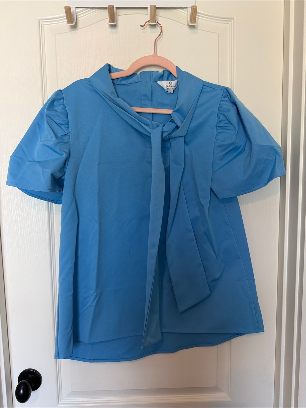 Tie-Neck Laroque Puff Sleeve Blouse in Bright Blue